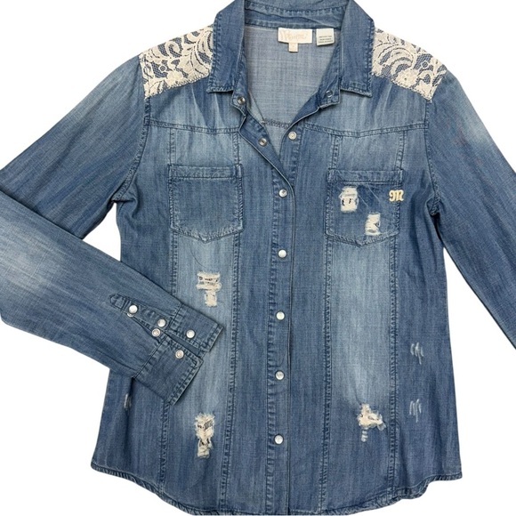 Miss Me Distressed Denim Western Shirt with Lace Detail, Women’s Medium - Picture 1 of 9